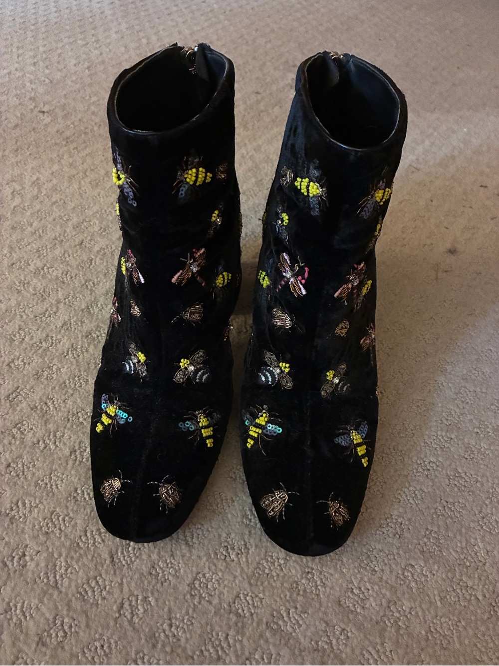 Zara Black Velvet Bee Embroidered Ankle Boots